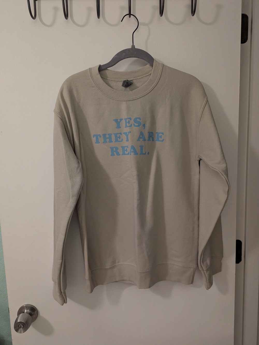 Gildan Beige Crewneck Sweatshirt with Blue Chest Print